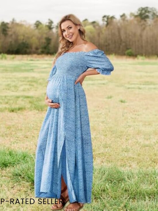 Floral Maternity Maxi Dress Puff Sleeve Square Neck Boho Chic A-Line - Picture 4 of 6